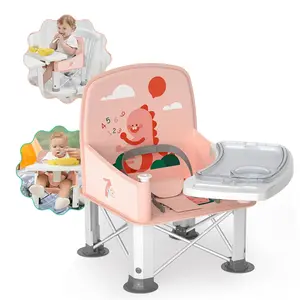 Baby Travel Booster Seat with Double Tray, Upgraded Toddler Portable Baby Chair, Booster Seat  Dining Table, Stable and Foldable Booster Baby Chair  Indoor/Outdoor (Pink Dinosaur)