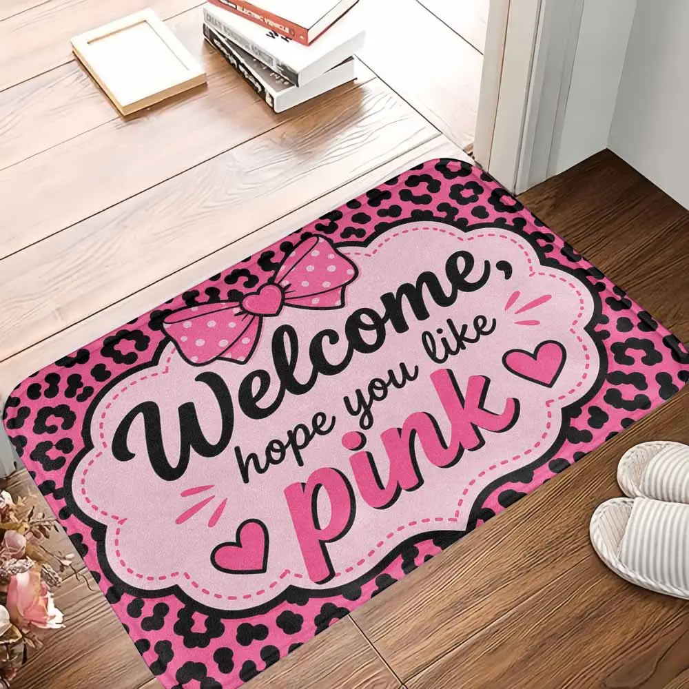 Pink Bow Leopard Print Home Indoor Door Mat - Durable Polyester, Rubber Back, Soft, Non-Slip, Absorbent, Washable - Ideal for Entryway Bath, Kitchens, Dorm Decor Gift