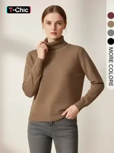 Women's Solid Thermal-Lined Drop- Shoulder High Neck Sweater, Casual Long Sleeve Jumper For Daily Outdoor Wear, Women's Knit Top for Fall & Winter