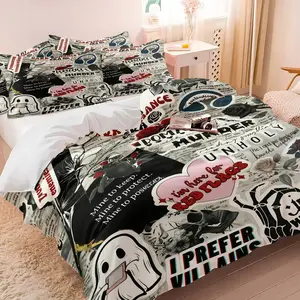 Gothic Graffiti Print Duvet Cover Set, 1 Duvet and 1-2 Pillows Without Inserts, Old Newspaper Texture with Skull Rose Broken Heart Dark Slogan Graffiti, Soft Comfortable Dark Rebel Style Bedroom Decor, Bedroom Bedding Set