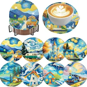 8 pieces/set of diamond painted coasters, landscape patterned coasters (with holder) - DIY diamond art craft kit for home decoration, beginner, diamond craft supplies, artificial diamond art craft supplies gift