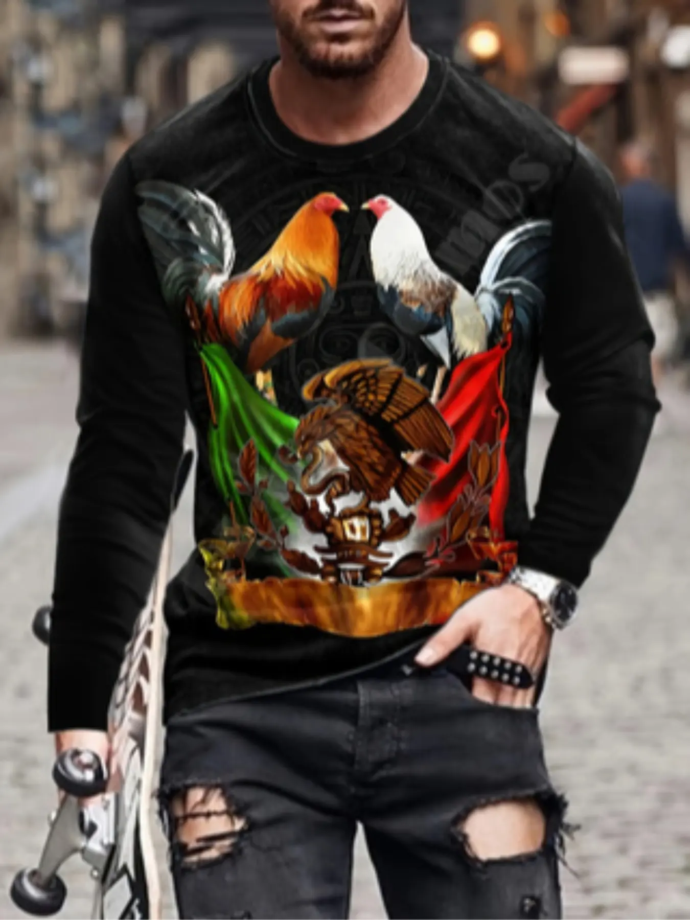 Men's Long Sleeve T-Shirt, Crewneck, Casual Breathable Fabric Rooster Print Design, Suitable for Gym, Daily Wear, Party, Urban Fashion, Streetwear, Top