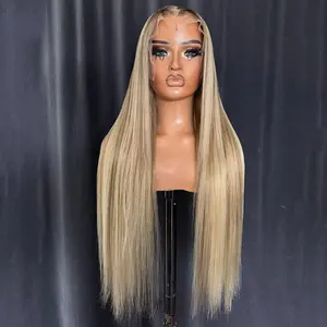 Highlight Brown Blonde with Brown Roots 13x6 Lace Frontal Human Hair Wig 200% Density Stripe 613 Colored Stright Transparent Lace Front Brazilian Hair Wig Pre Plucked for Women