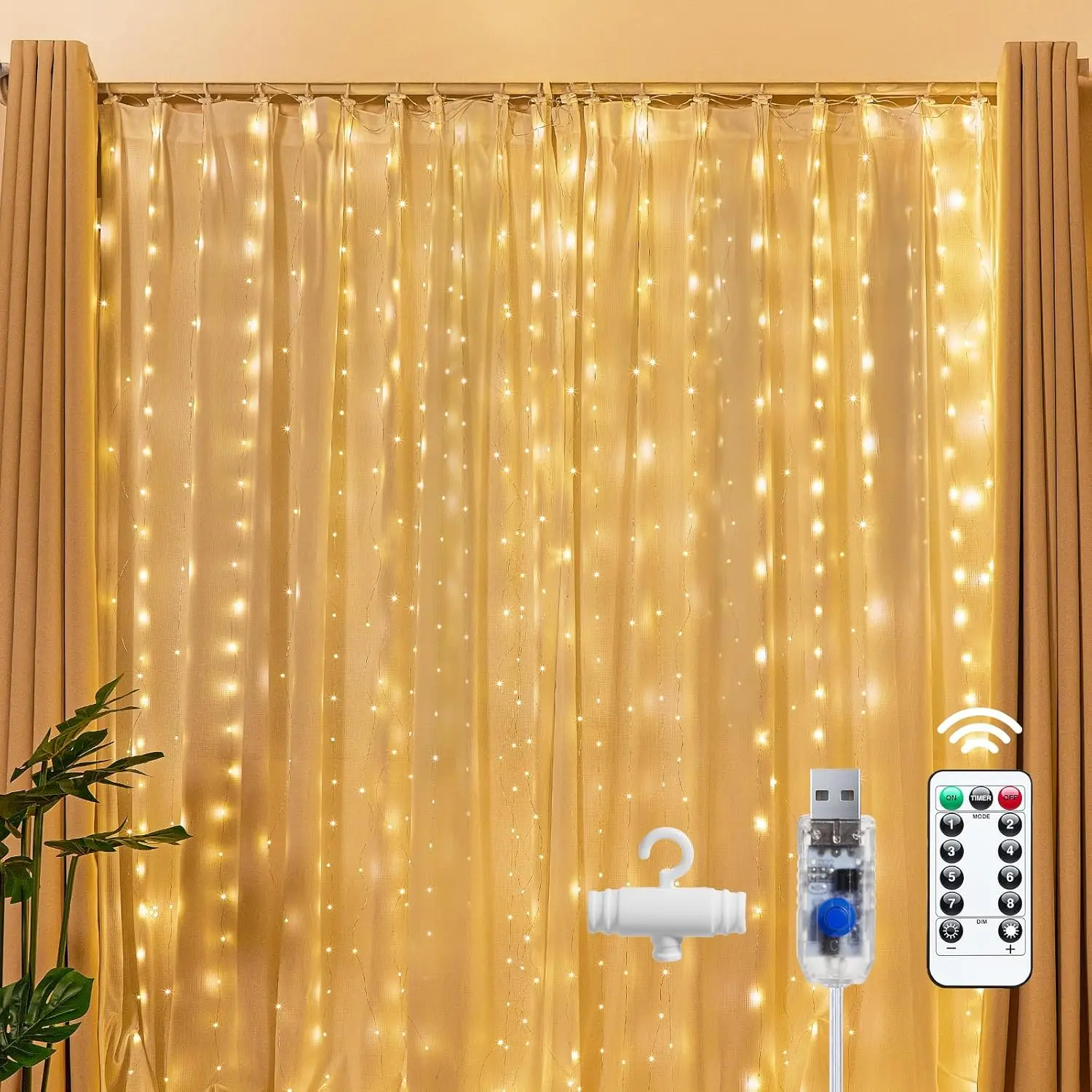 300 LED Fairy Curtain Lights, 9.8ft x 9.8ft Warm White String Lights, USB Plug in 8 Lighting Modes  Decoration, Hanging Lights with Remote for Bedroom Indoor Weddings Dorm indoor decorative light christmas  ornaments  2025 luxury  christmas  decor