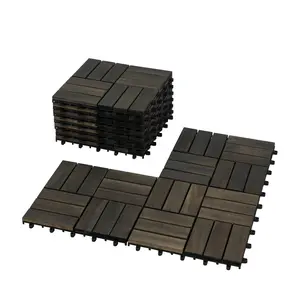 10/30 PC 12" x 12"  Acacia Wood Interlocking Deck Tiles Checker Pattern, Square Dark Brown Acacia Hardwood Outdoor Flooring for Patio, Rainy Season