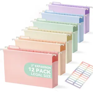 Plastic Extra Capacity Legal Size Hanging File Folders, 2" Pastel Expanding Pocket, Heavy Duty for Filing Cabinet, Insertable 1/5-Cut Tabs - 12 Pack