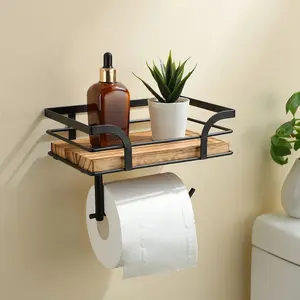 1pc Simple Wooden And Black Metal Wall-mounted Bathroom Shelves, with A Toilet Paper Holder Included - Compact Storage Boxes for Towels, Toiletries And Decorations In The Bathroom, for Organizing Bathroom Supplies, Bathroom Organizer Supplies