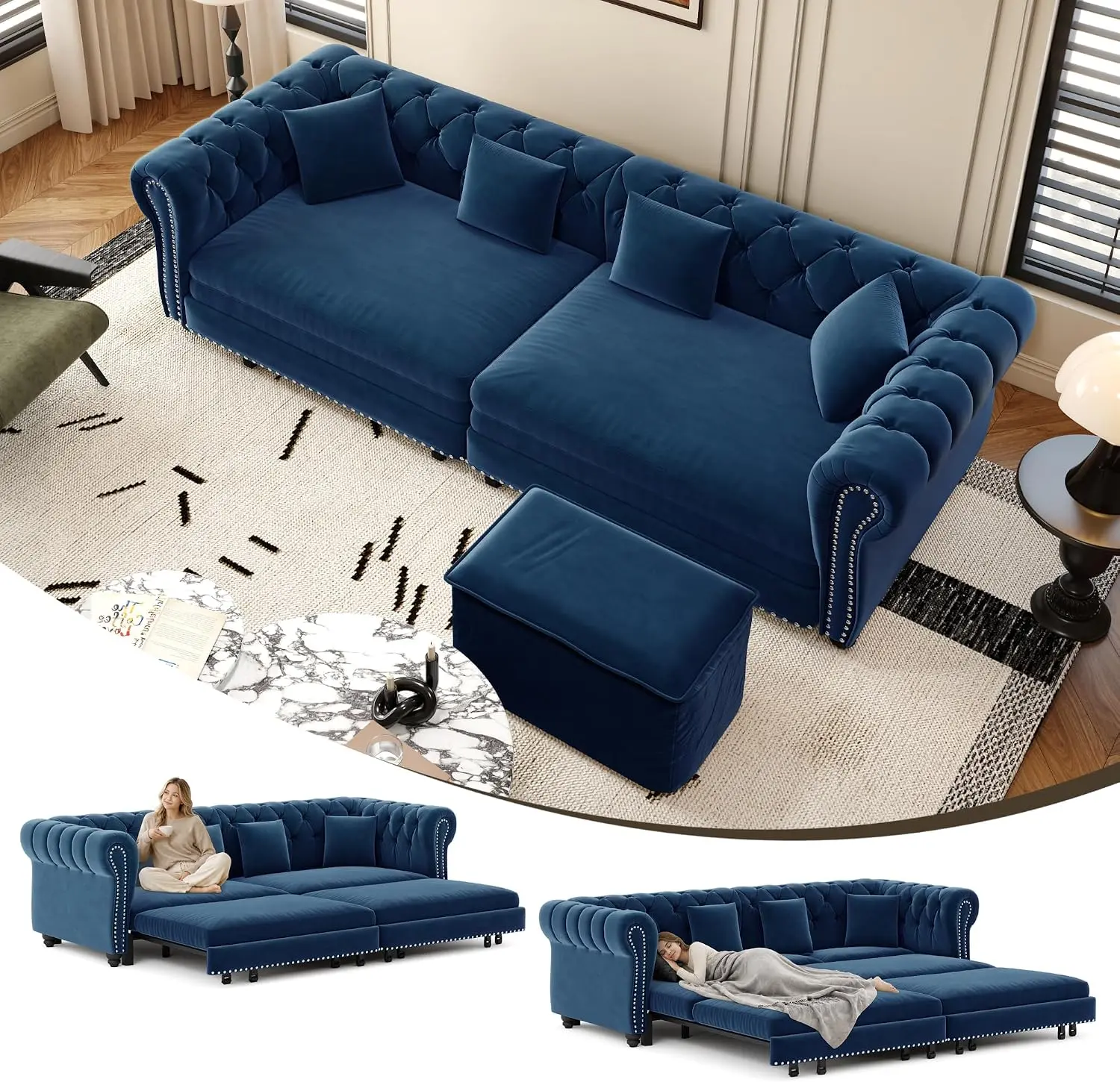 89" King Size Sleeper Sofa Bed - 3-in-1 Convertible Pull Out Sofa Bed with Ottoman, Button Tufted Chesterfield Sofa, Queen Sleeper Couch for Small Spaces Apartments, Guest Rooms, Living Room, Blue