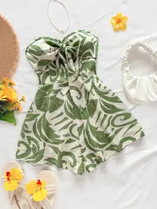 Women's Bohemian Boho Vacation Spring Summer Carnival Cruise Party Vibe Watercolor Silhouette Print Tie Front Knot Loose Strapless Jumpsuit Womenswear Fit