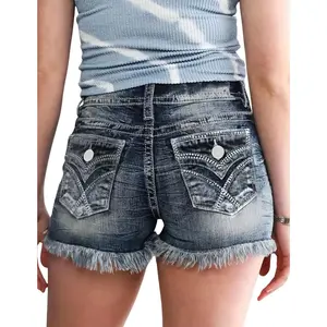 Mid Rise Embroidered Whisker Denim Shorts, Slim Fit Versatile Casual Style, Frayed Hem, Midrise Summer Shorts Fashion,  Soft, Cute Shorts Jean Pocket