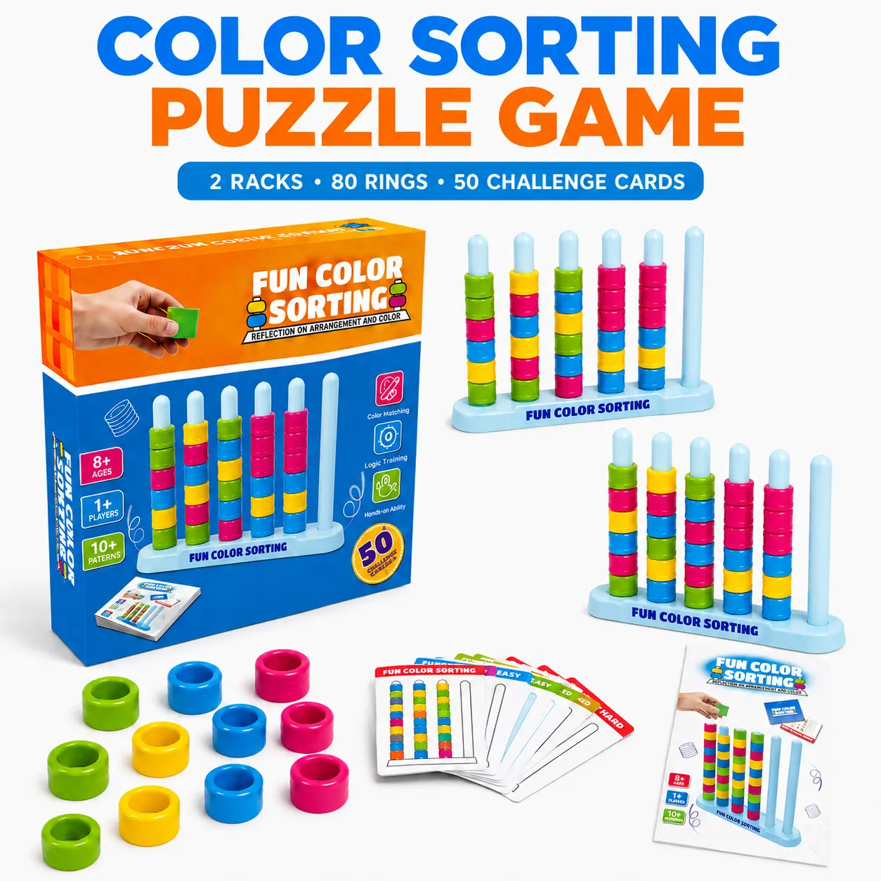 Kids' Color Jenga Challenge Toy: A fast-paced color-matching puzzle game perfect for fun parties and family game nights. Includes 2 Jenga stands, 50 challenge cards, 80 rings, and game instructions.