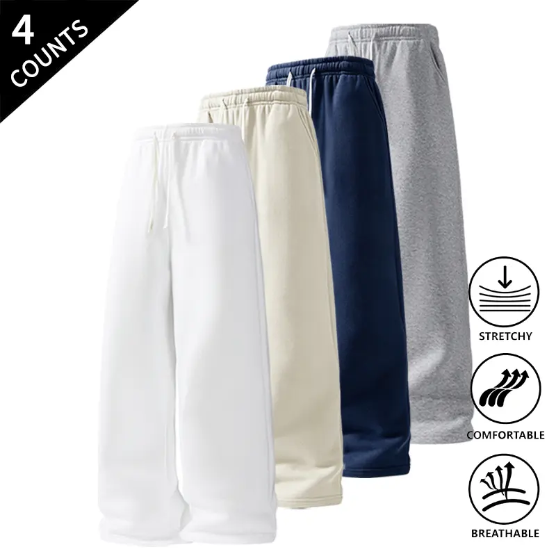 Men’s 4-Pack Comfortable Casual Pants, Elastic Waist Drawstring Wide-Leg Trousers, Lightweight & Breathable for All Seasons