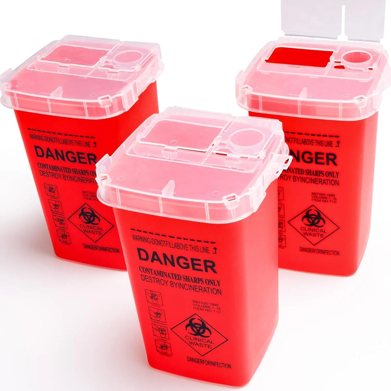 1 Quart (3-Pack) Red Sharps Containers, Biohazard Needle Disposal for Home Use, Portable Travel Sharps Storage, Professional Waste Sharps Disposal Bucket