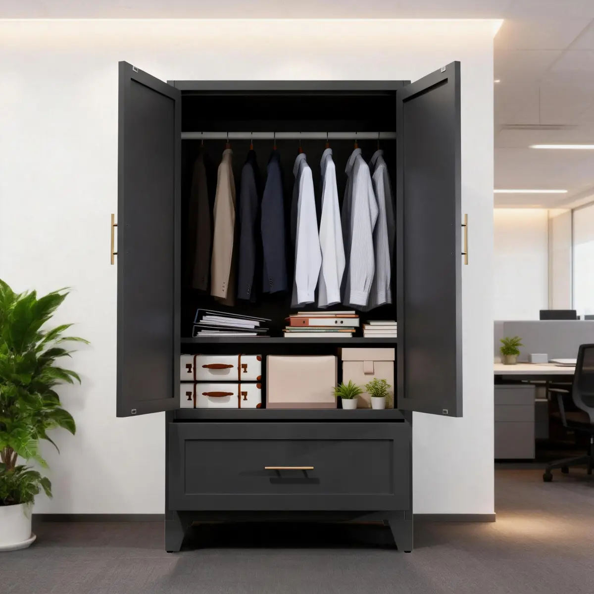 60-Inch Tall Heavy-Duty Steel Sheet Wardrobe Cabinet - Assembled Pieces Freestanding Metal Wardrobe with Built-In Rod, Drawer, Adjustable Shelf, Rust-Resistant Organizer for Bedroom, Office Adjustable Heavy-Duty Compartmentalized Storage, Adjustable Heavy