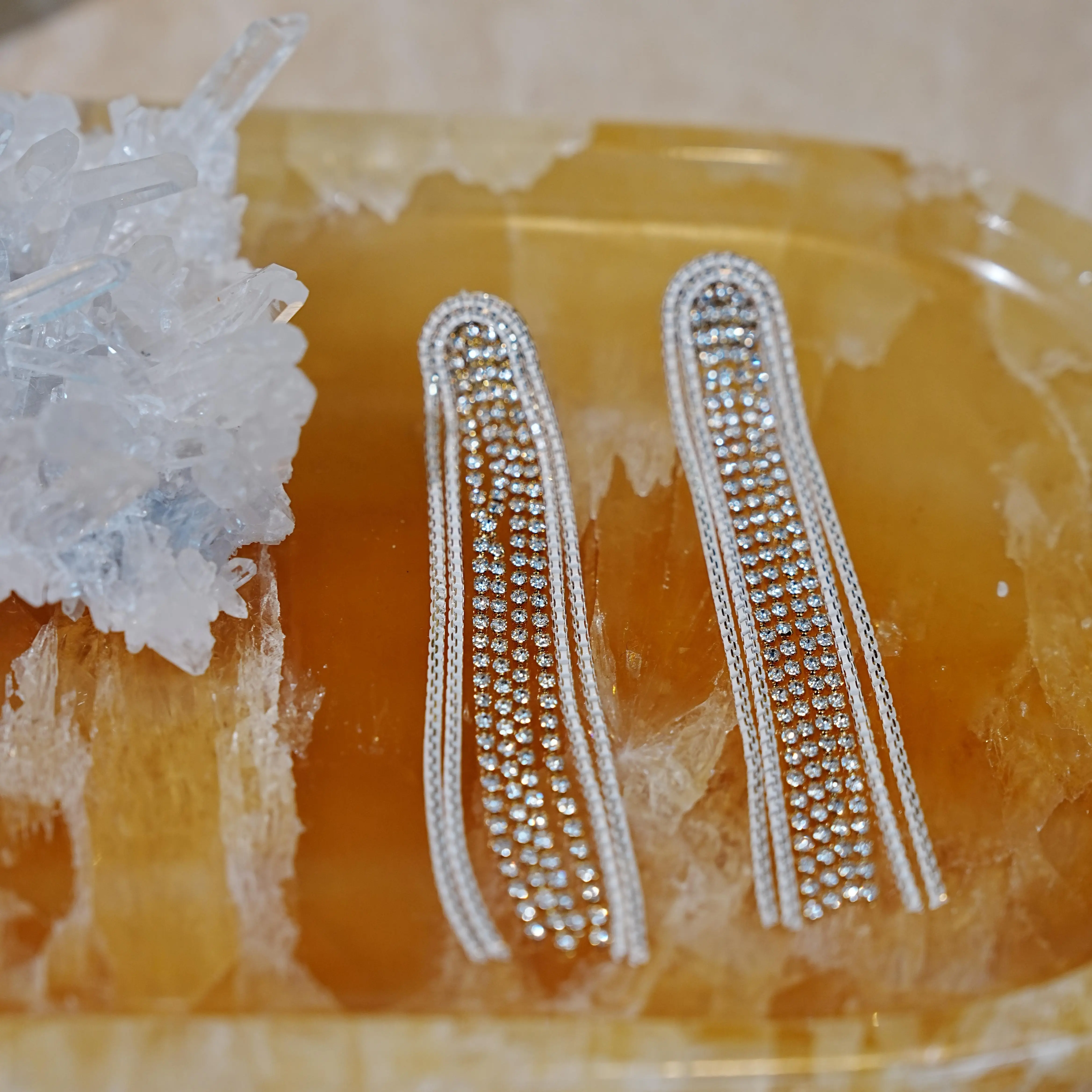 Long Arch Rhinestone Fringe Tassel Statement Dangle Earrings