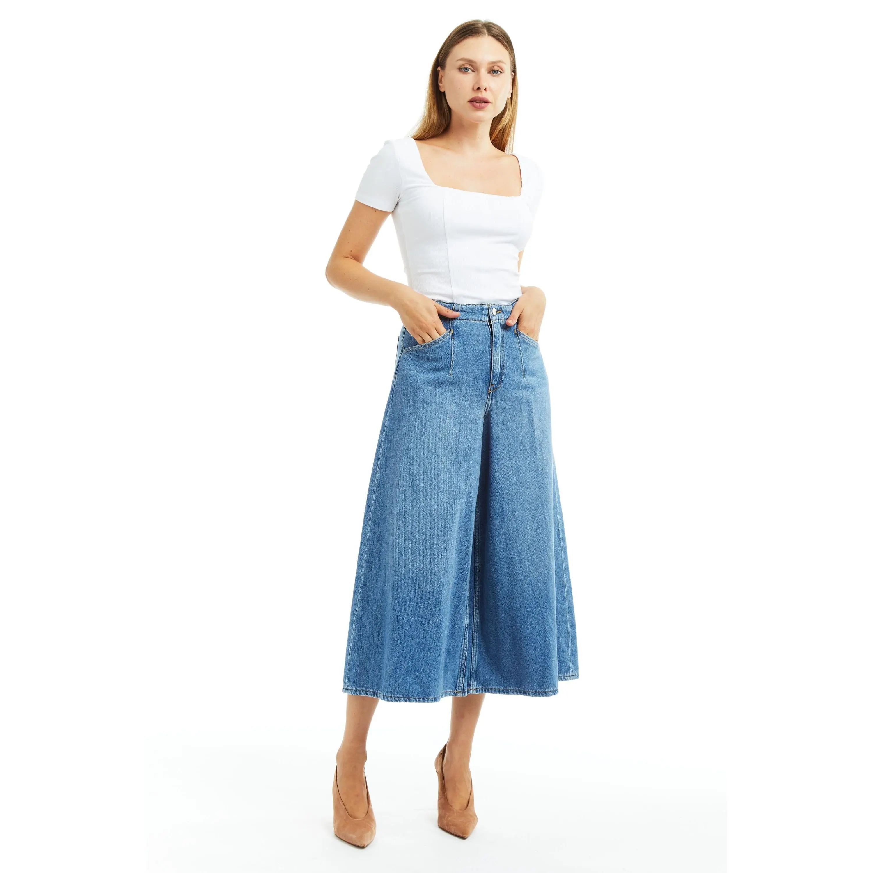 Denim Culotte With Back Waist Buckle
