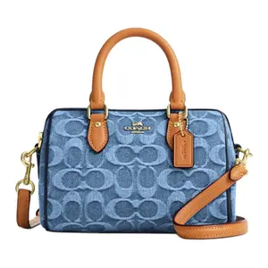 COACH Rowan 18 Signature Monogram Top-Zip Detachable Strap Denim Boston Bag for Women