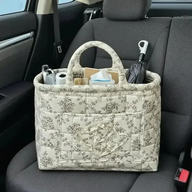 Large Capacity Quilted Floral Fabric Storage Basket,Multi-Purpose Car Backseat & Trunk Organizer for Clothes,Toys,Blankets & Groceries,Machine Washable Woven Home Storage Basket,Laundry Hamper & Car Organization,Vacuum Packed for Compact Shipping