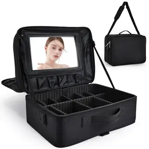 3 Layer Large Makeup Bag with Mirror Makeup Case Professional Train Case Travel Cosmetic Organizer Portable Make up Brush Bag Organizer Storage with Adjustable Dividers and Shoulder Strap