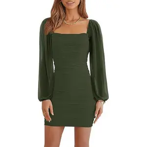 Women's Mesh Long Sleeve Dress Square Neck Ruched Mini Bodycon Dress Stretch Party Cocktail Dresses Formal Womenswear