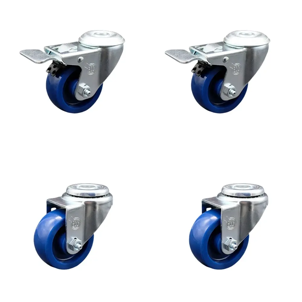 Service Caster SCC-SSBHTTL20S314-SPUS-2-S-2 Series #20 Stainless Steel Locking Swivel Bolt Hole Caster Set of 4 - 3x1.25 in. Blue Solid PU Wheels, Lock for Carts & Equipment