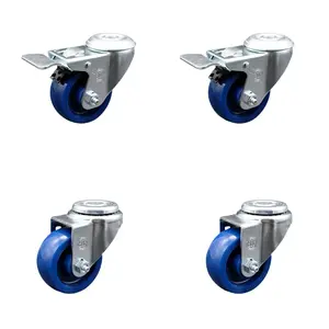 Service Caster SCC-SSBHTTL20S314-SPUS-2-S-2 Stainless Steel Locking Solid Polyurethane Swivel Bolt Hole Caster - 3x1.25 in. Blue Double Swivel Wheels, Set of 4, Lock