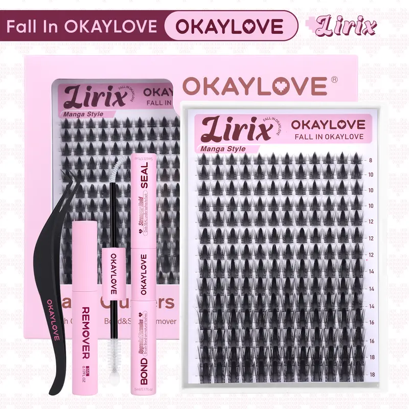 OKAYLOVE Lirix Lash Cluster Pack - Lightweight Soft Fiber Curl Manga Style Stick False Eyelashes, Make Up Adhesives Set with 1-2 Weeks Long-Lasting Bonding Agent, Tweezers, Remover for DIY Home Use, Back to School Gift