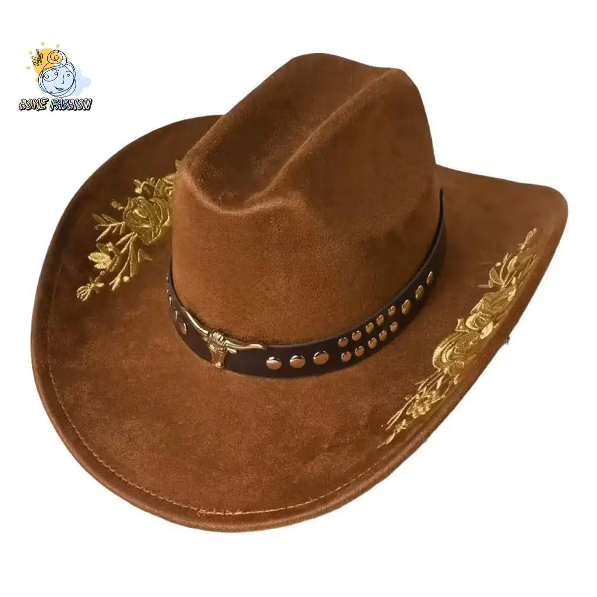 Unisex Western Style Polyester Felt Wide-Brim Wool Cowboy Hat - Belted, Embroidered, Cattle Head Accessory, 1 Size, Party Wear (Festive & Party Supplies, Allow 2-3% Difference)