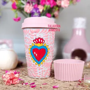 Original Mexican Talavera Milagrito heart tumbler travel mug handmade handpainted birthday gifts for her Ceramic Coffee Cup Washable home kitchen decor floral design Drinkware Lid milagrito Reusable Reuse