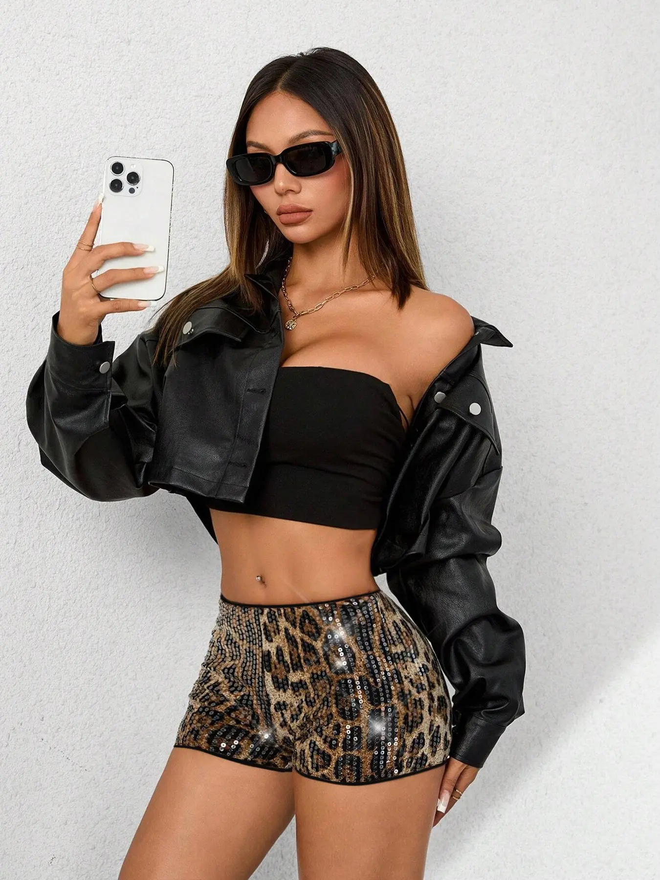 Women's Fall New American Style Leopard Print Sequin Low Waist Shorts, Fashion Trendy Sexy Pants, Casual Loose-Fitting All Seasons, Casual Fashionable Shorts
