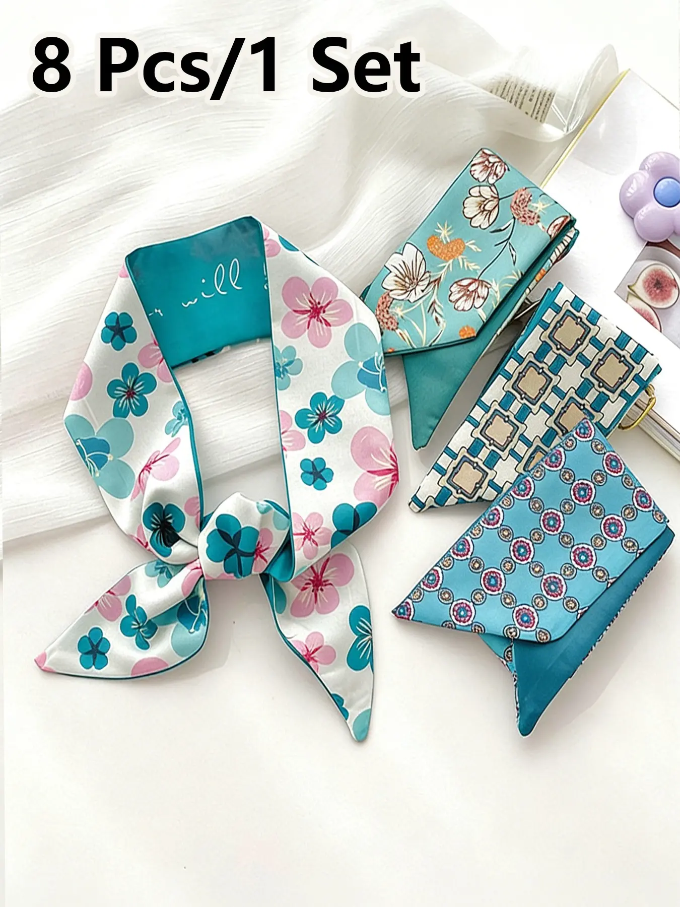 8 Pcs / 1 Set Elegant French Peacock Blue Style Polyester Scarf Set, Vintage Hairband, Hairbands Included, Woven Ribbon, Multifunctional Scarf, Bag Accessory, Women and Girls, Floral Hairbands, Scrunchies, Hair Accessories Set