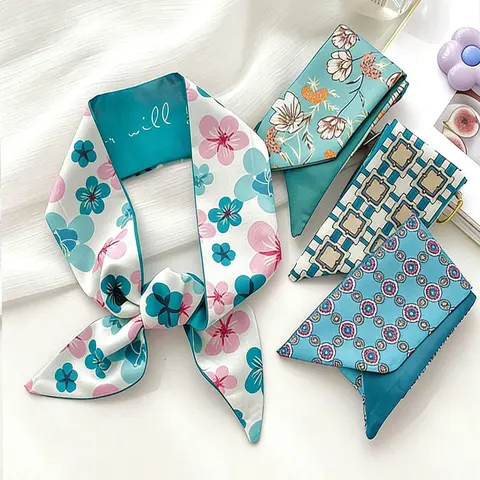 8 Pcs / 1 Set Elegant French Peacock Blue Style Polyester Scarf Set, Vintage Hairband, Hairbands Included, Woven Ribbon, Multifunctional Scarf, Bag Accessory, Women and Girls, Floral Hairbands, Scrunchies, Hair Accessories Set