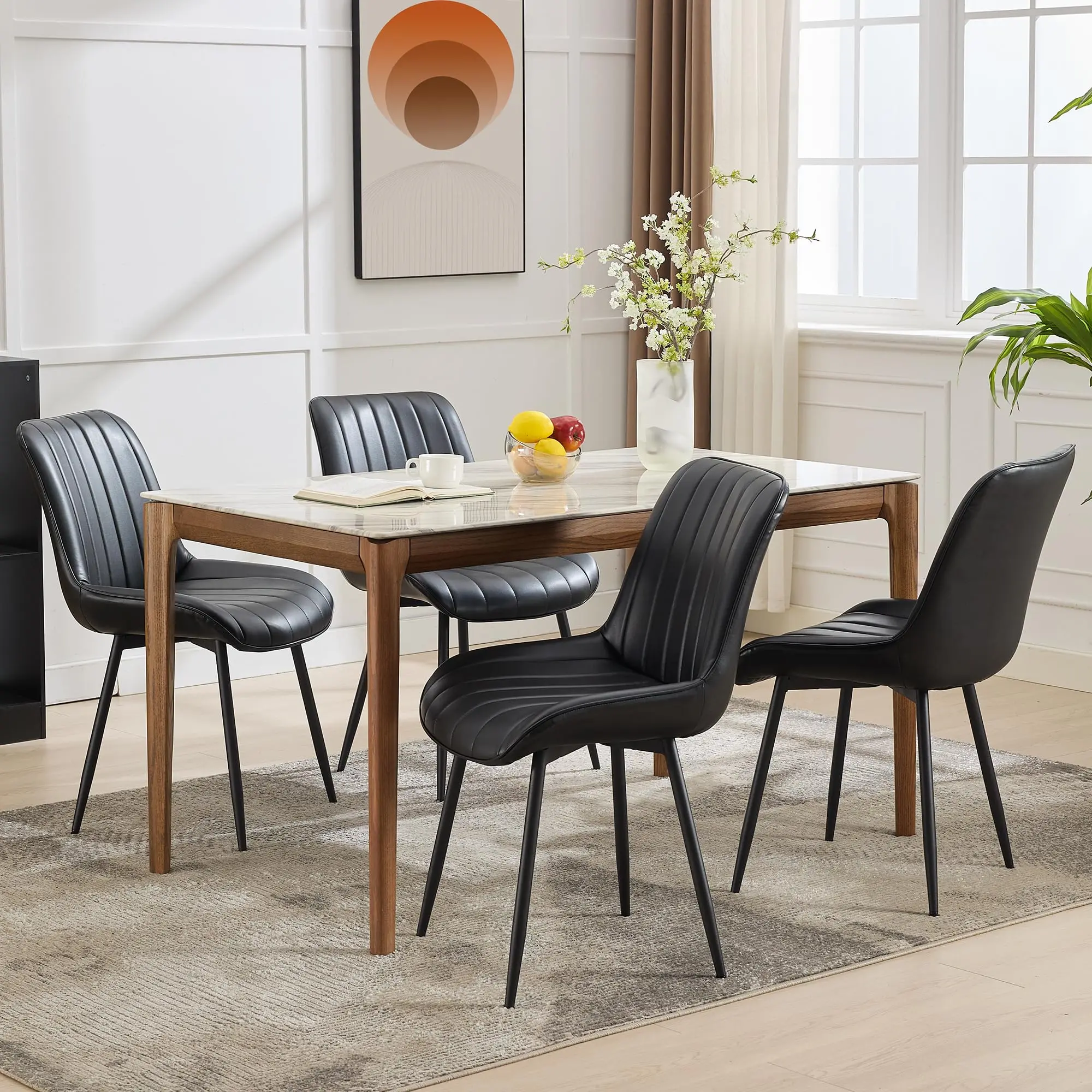 Garvee Set of 2 Scandinavian Dining Chairs in Genuine Leather with Padded Seat and Metal Legs, Armless Design for Dining Room, Kitchen, or Living Room, Dimensions 87 x 61 x 54 cm