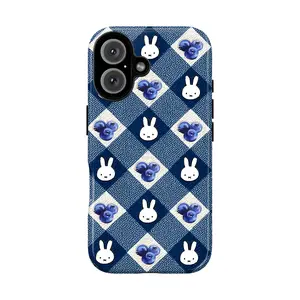 Cute Blue Miffy Bunny Phone Case for iPhone 17 16 15 14 13 12 11 Pro Max, Kawaii Rabbit Blueberry Aesthetic Cover, Denim Checkered Cartoon Protective Case, Japanese Bunnycore Soft Girl Gift for Her, Cute Indie Coquette Phone Accessory for Girls