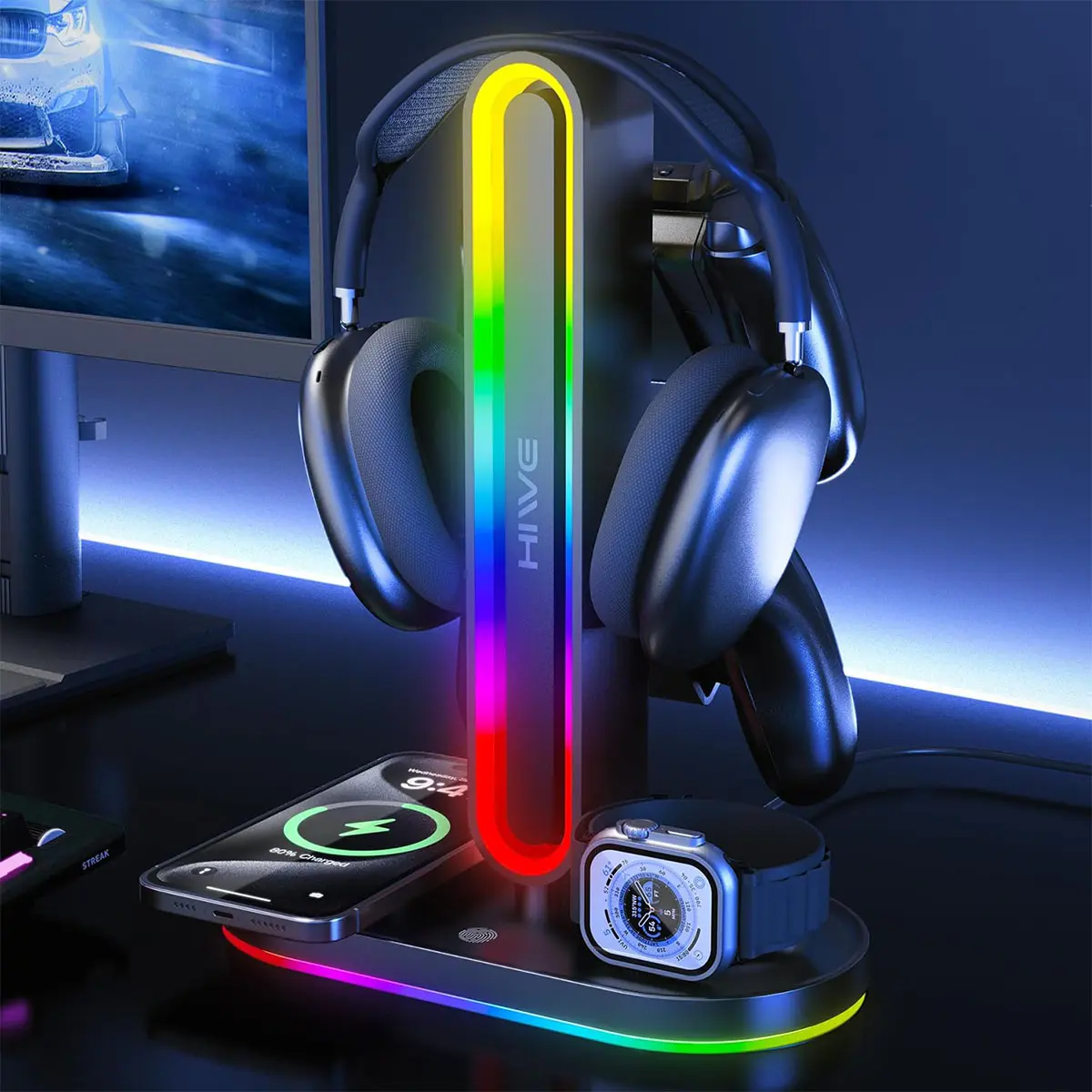HiWe Universal RGB Rainbow Headset Stand with 2 Detachable Controller Holders, Wireless Charger for iPhone/iWatch, Non-Slip Base, USB-A & USB-C Outputs, Gaming Accessories with Memory Function