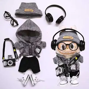 Labubu Doll Clothes Set 7PCS – Fashion Hat, Glasses, Leather Jacket Set, Headphones, Shoes & Necklace Accessories (Labubu Not Included)