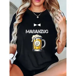 Women's MABANZUG Bow Tie & Beer Mug Hop Graphic T - Shirt, Casual Party Oktoberfest Tee for Female Beer Enthusiasts & Partygoers 100% Cotton T-shirt