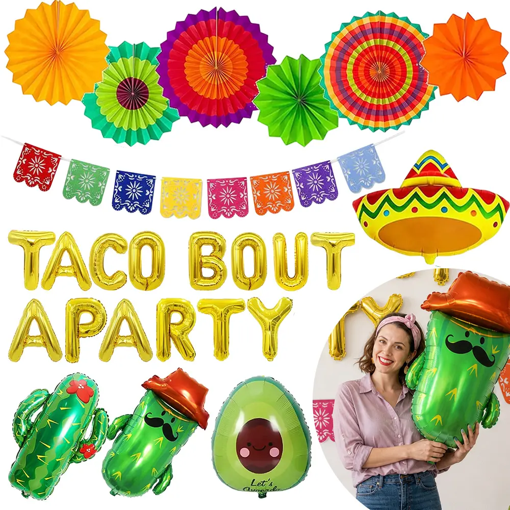 25PCS Taco Bout a Party Decoration, Fiesta Party Decorations Include Paper Fans Fiesta Banner Taco Cactus Avocado Sombrero Foil Balloons for Mexican Party Decorations Taco Party