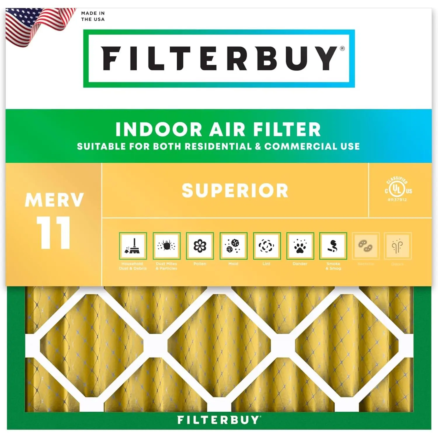 Filterbuy Eco-Friendly Square Form Air Filter, 11.25 in x 11.25 in x 2 in (1-Pack), Pleated Shape MERV 11 Allergen Defense HVAC AC Furnace Filter with Synthetic Media (Actual Size: 11.25x11.25x2.00 in), Electrostatic Charge, Allergen Trap