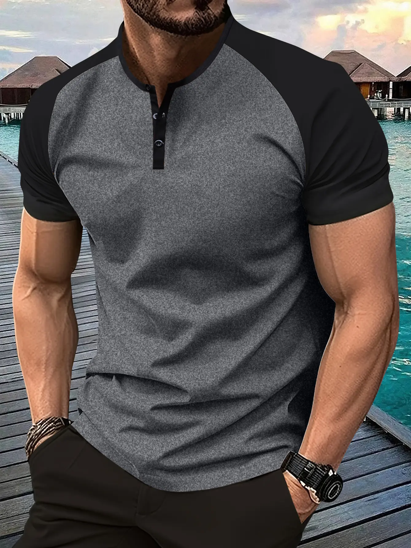 Summer new men's short-sleeved t-shirt insert sleeve Henley shirt bird print pattern casual sports regular large size travel holiday outdoor camping half-sleeved clothes