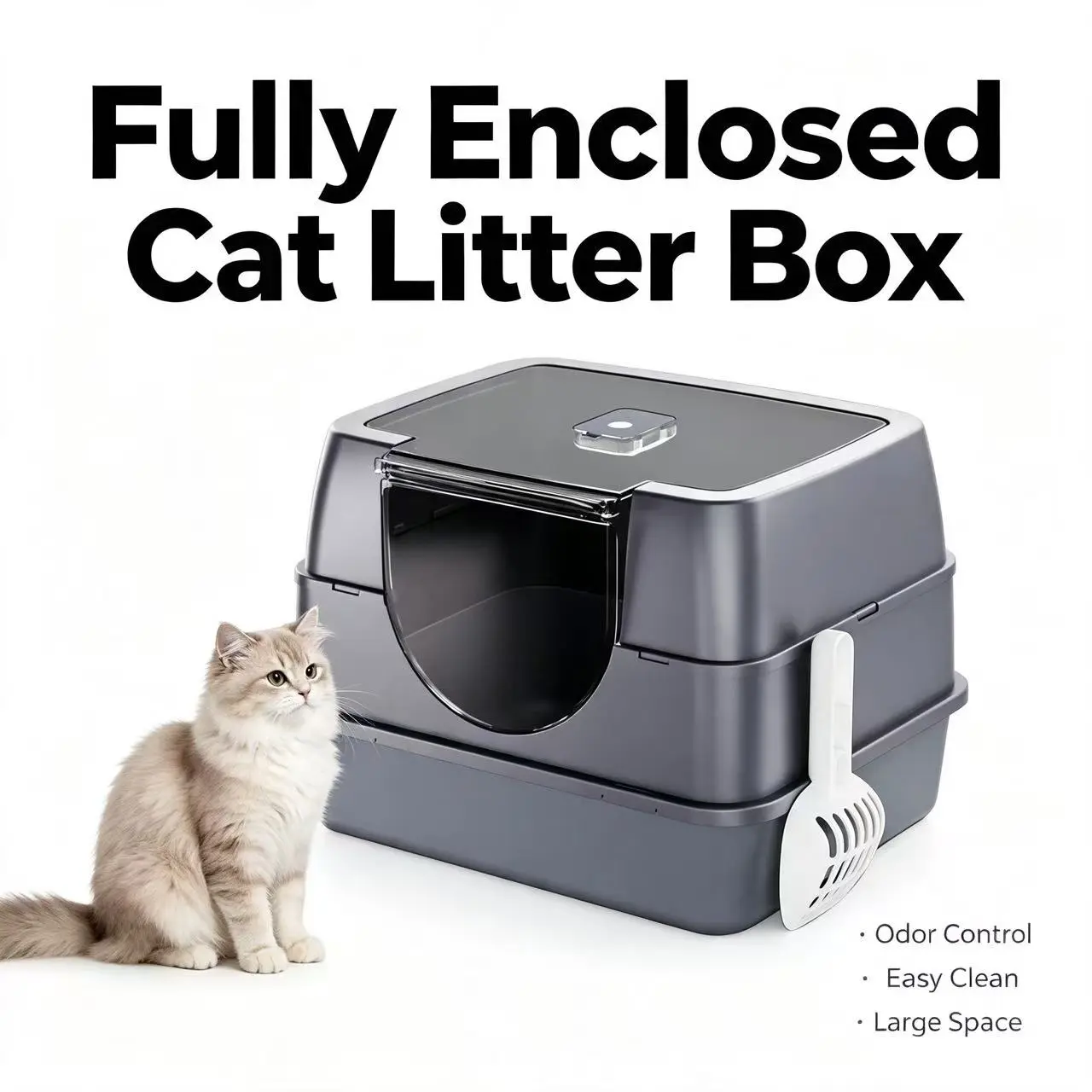 Fully Enclosed Odor-Lock Cat Litter Tray - Flip-Top Easy Cleaning Covered Kitty Toilet with Matching Scoop, Leak-Proof Wood Derivative Design for Multi-Cat Households, Affordable Universal B2B Pet Supply
