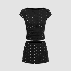 Cider Cotton-blend Boat Neck Polka Dot Ruched Tee & Mini Skort