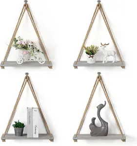 Indoor Hanging Plant Floating Shelves with Thick Wood Wall Swing Rope, Set of 4, Wall Mounted Shelves for Books, Photos, and Home Decor - Olive Green