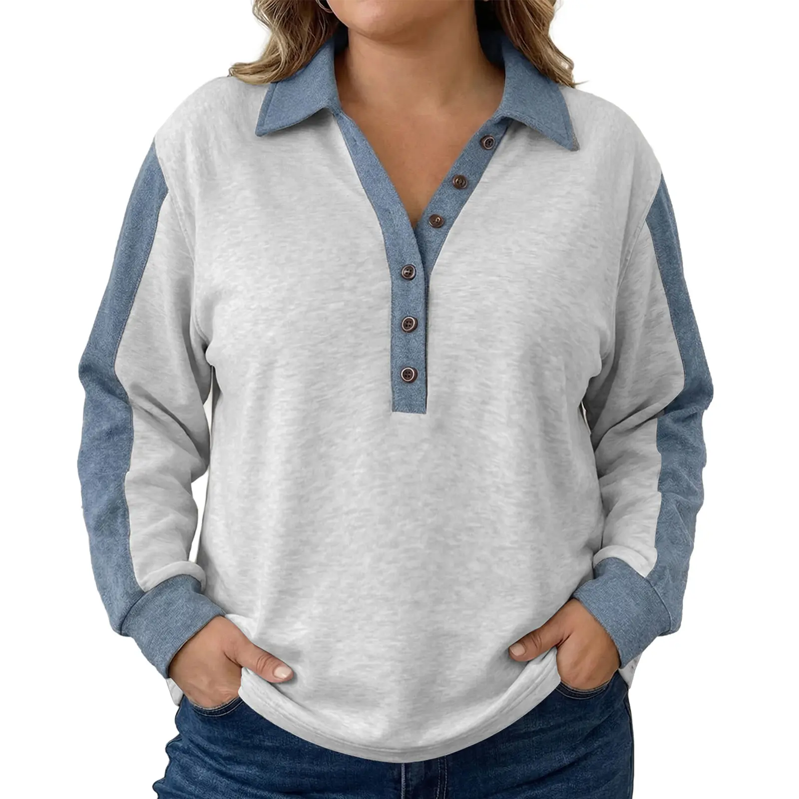 Eytino Womens Denim Patched Snap Button Long Sleeve Collared Sweatshirt Plus Size Casual Pullover Top (1X-5X)