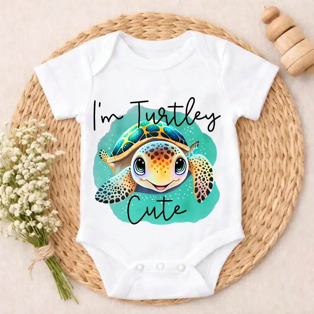 Baby Bodysuit Turtle Cartoon Print 100% Pure Cotton Non-Irritating Snap Closure Breathable Great For Sleep & Play