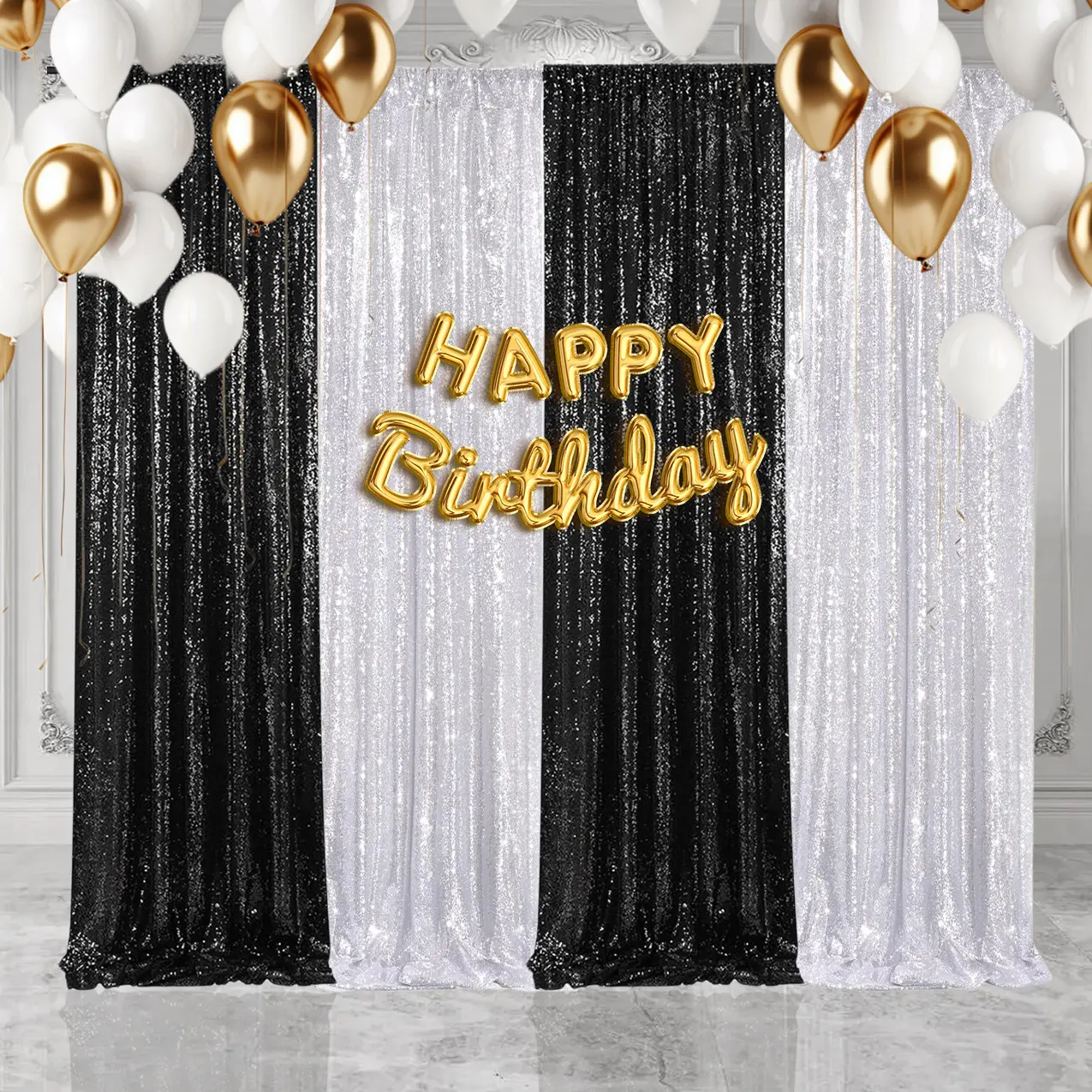 Shiny Elegant Round Silver-Black Sequin Mesh Fabric Backdrop Curtains - 4-Piece 2FTx8FT Set with Matching Banner, Party Decor for Weddings, Birthdays, Graduation Ceremonies, Arch Stages, Photography