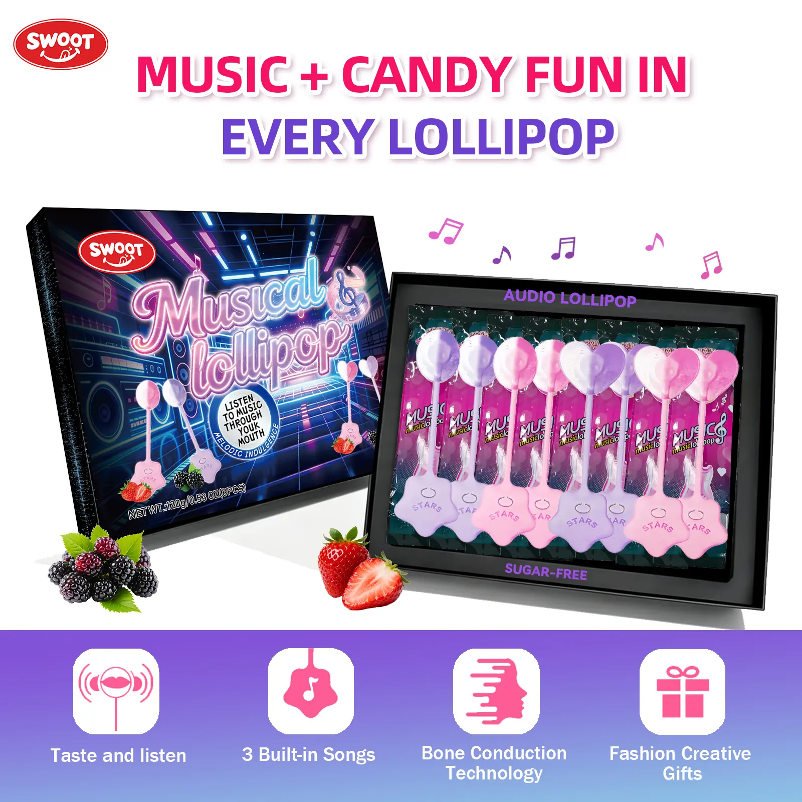 SWOOT 8-Pack Sugar-Free Bone Conduction Music Lollipops - Snack with 3 Built-In Songs, Strawberry & Blackberry Flavors, Heart & Round Shapes, Sweet Kids' Birthday Party Favors & Camping Essentials