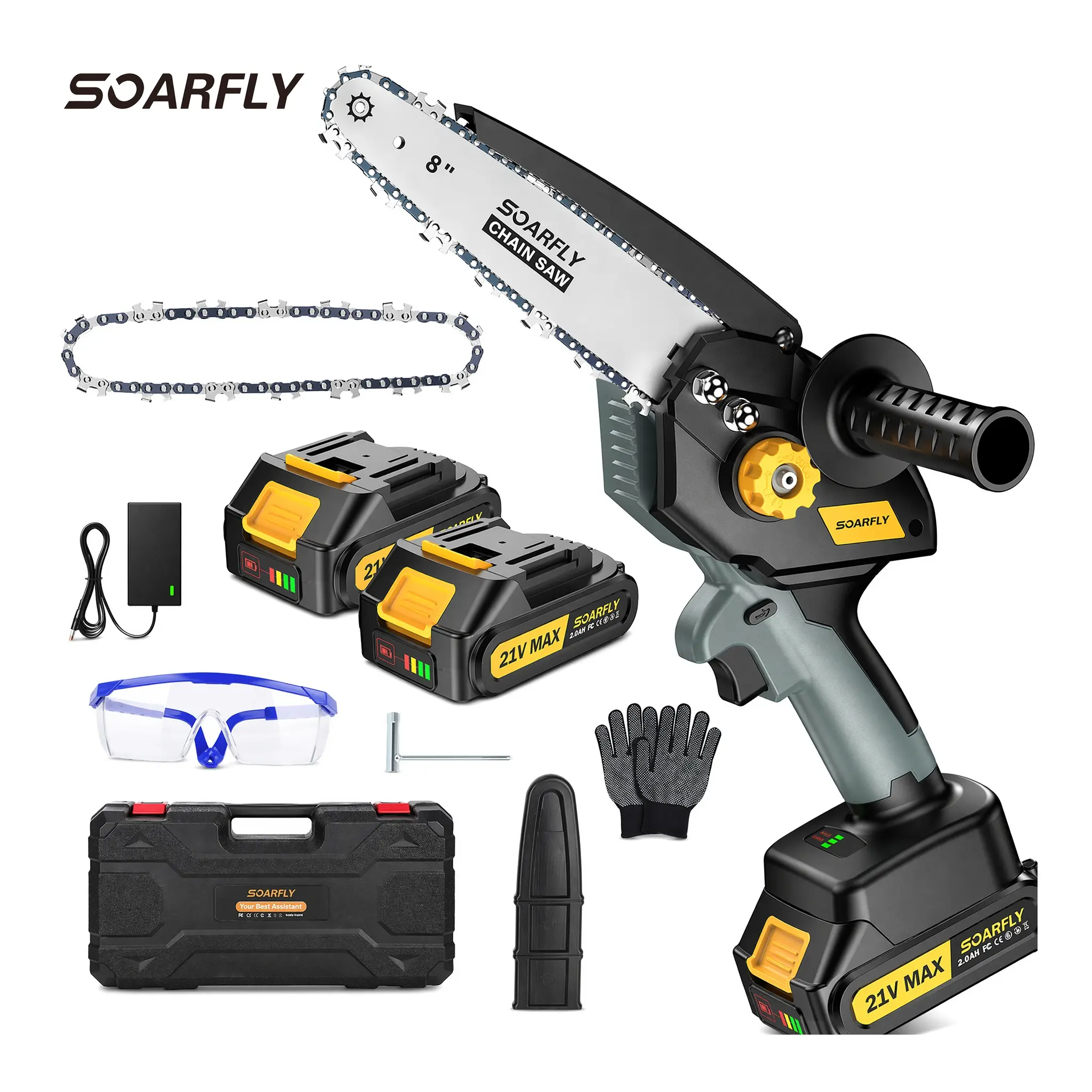SOARFLY 8-Inch Cordless Mini Chainsaw, Battery Powered Brushless Chainsaw with Auto Oiler, Tree Trimmer for Wood Cutting and Branch Pruning, Includes 2 Batteries