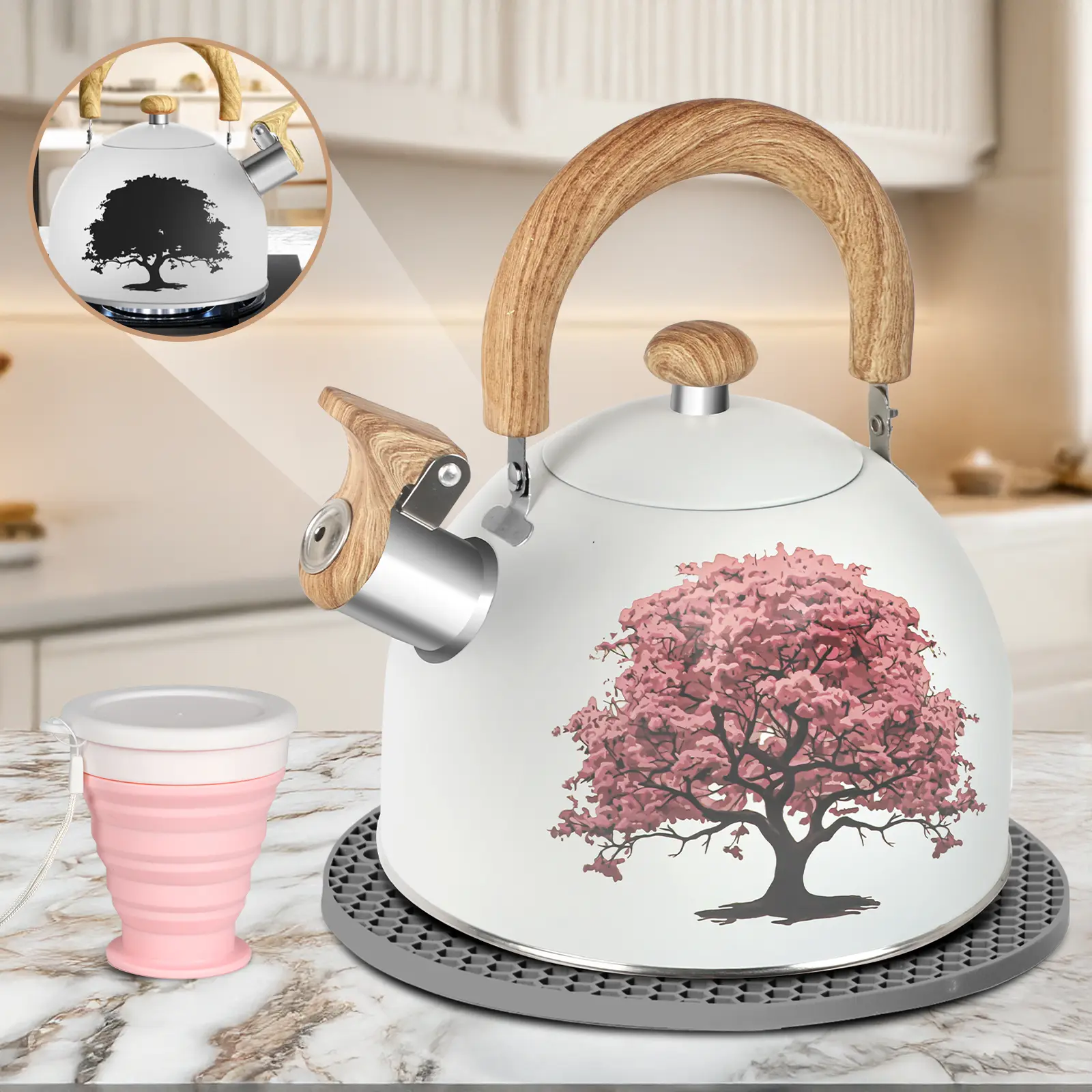 Magic-Changing Whistling Tea Kettle, 2-Qt Stainless Steel Stovetop Teapot with Folding Cup & Trivet Mat – Great for Cozy Moments Set