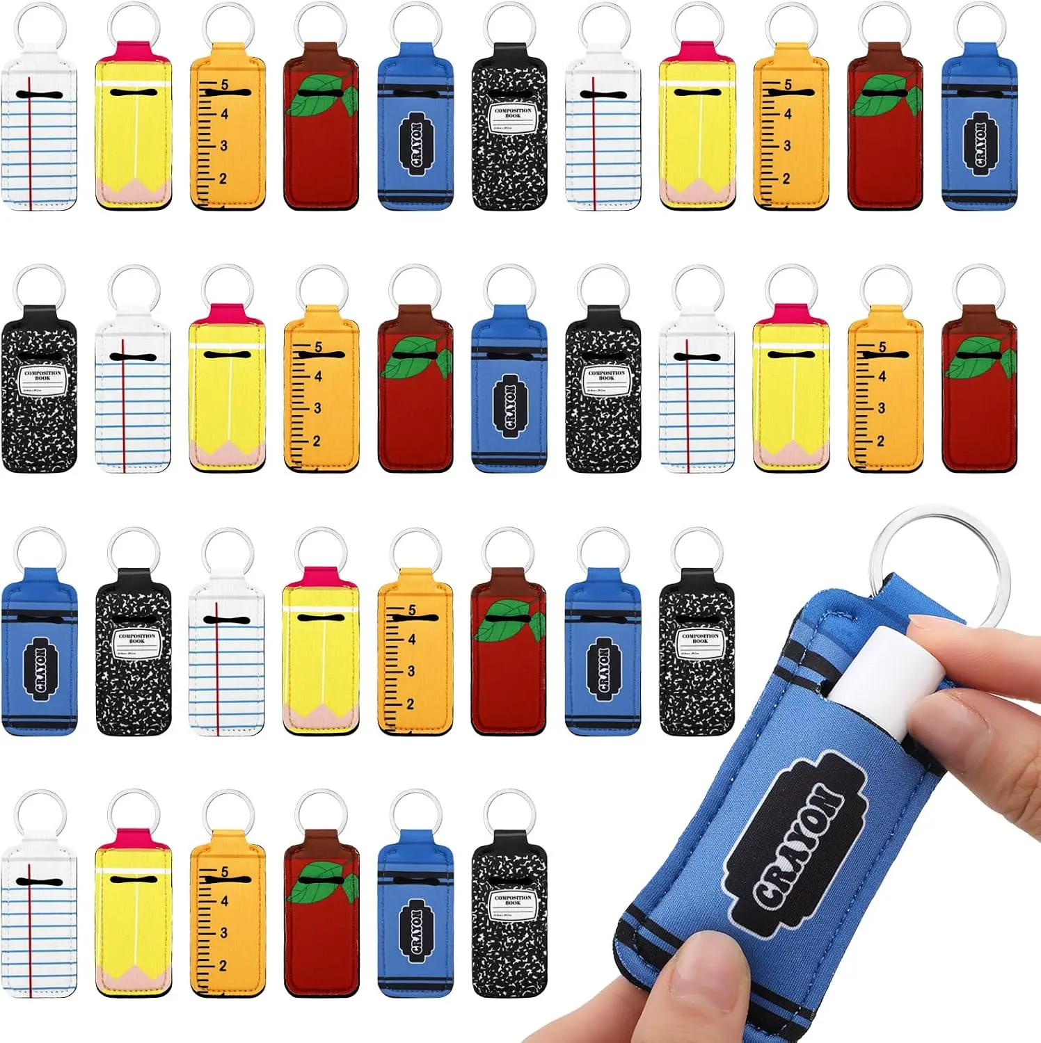 Crayon Theme 36-Piece Back to School Teachers Appreciation Gift Set - Includes Lipstick Organizer, Keychain, Pencil, Composition Notebook, Lip Balm Pouch for Classroom Party Favors